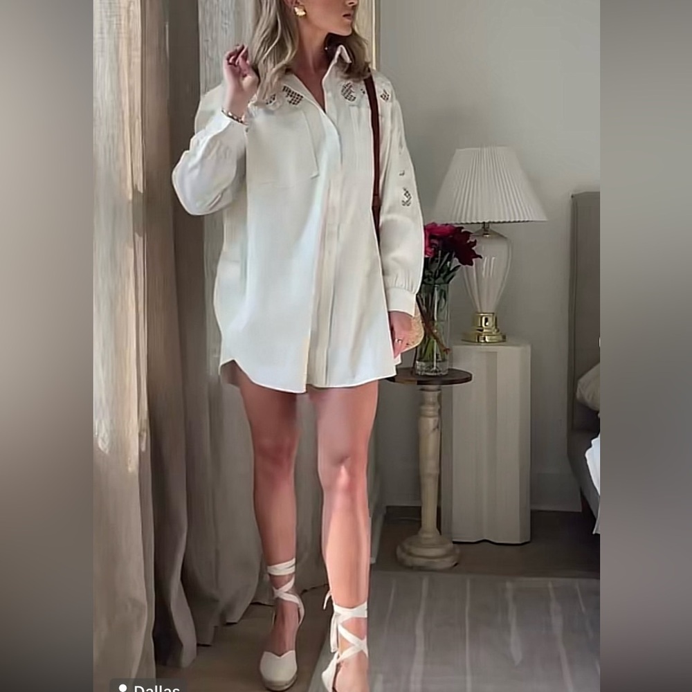 RARE Sezane Maxine Dress in Embroidered Ecru White Button-Up Shirt